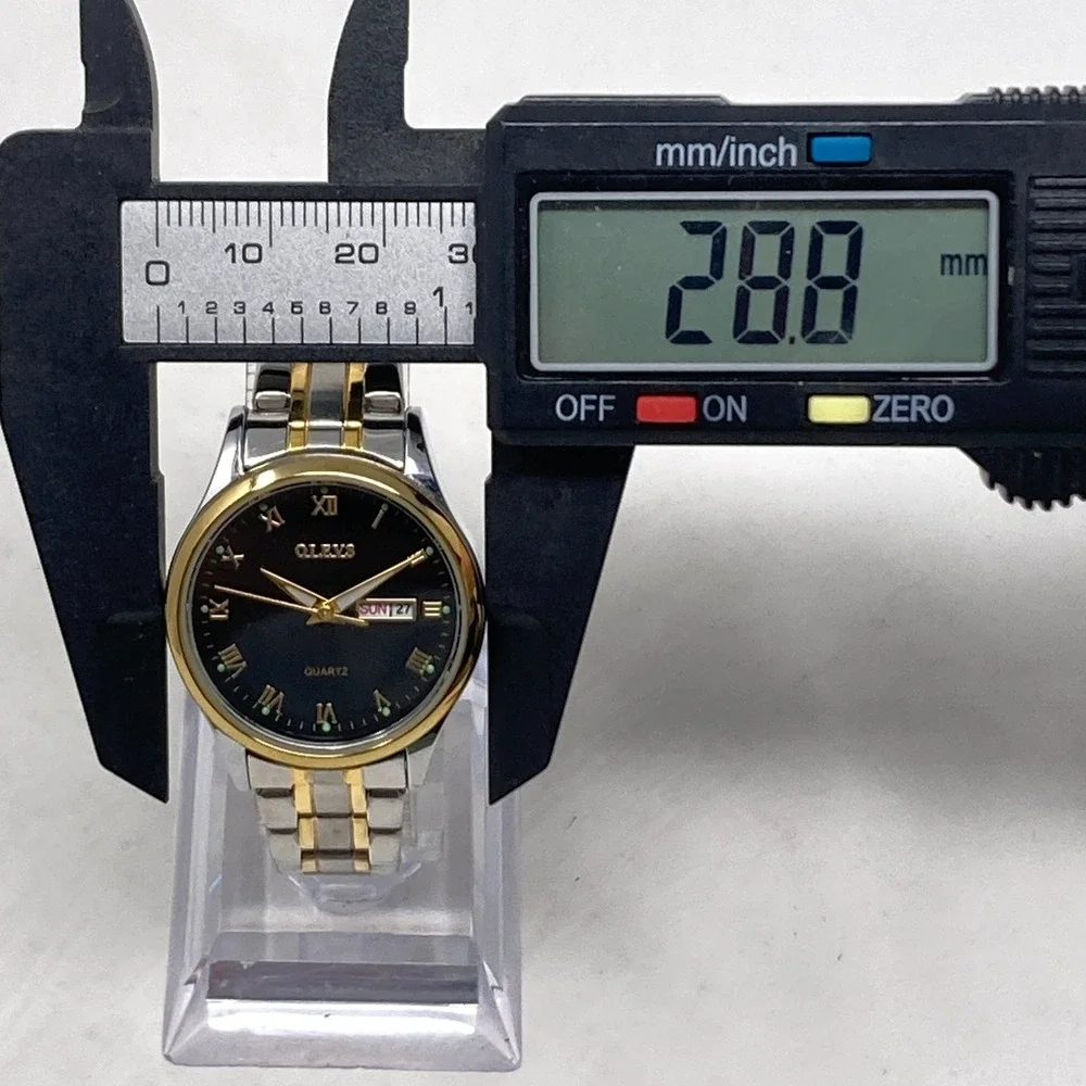 Olevs Women's Watch 29mm Silver Gold Tone Day Date Black Dial New Battery 6.25